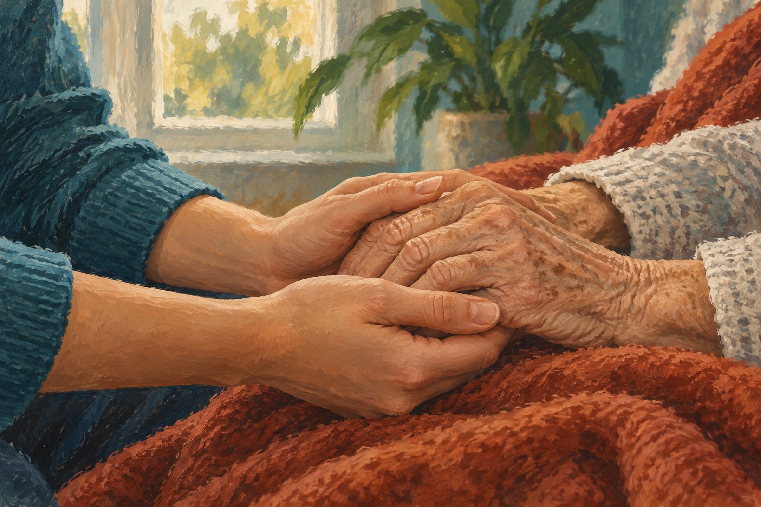 Editorial illustration of younger hands gently holding an older woman's hands over a rust-colored blanket.