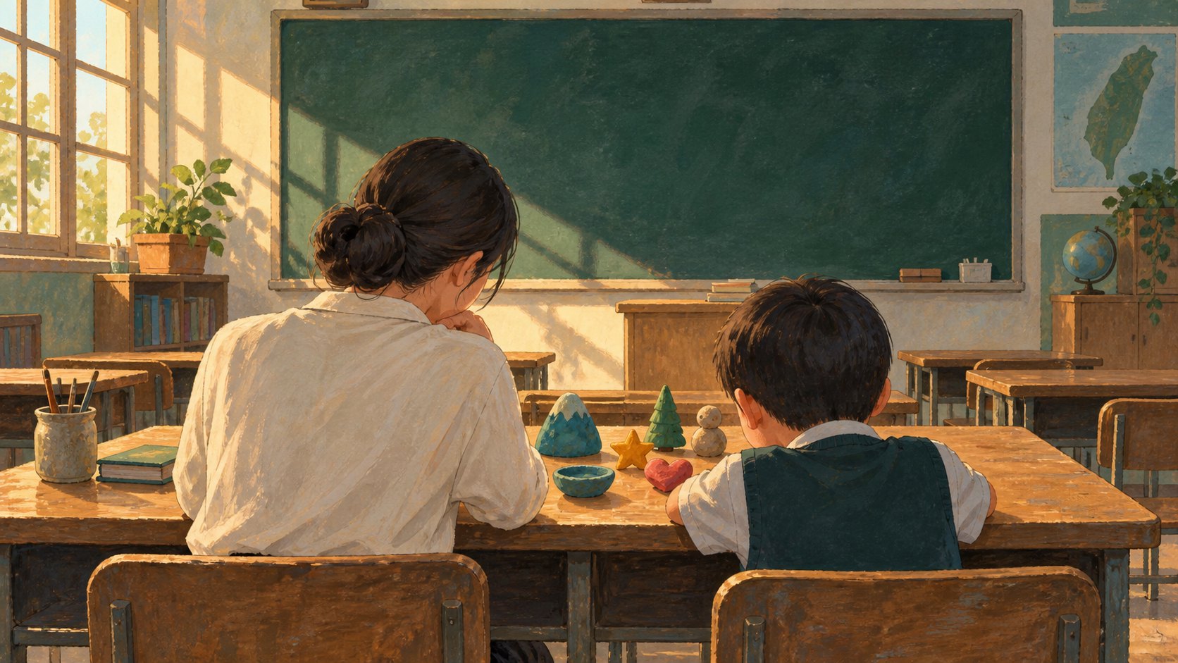 教師與孩子並肩坐在教室桌前,看著不同形狀的黏土作品;敬師主題概念插畫,非電影劇照