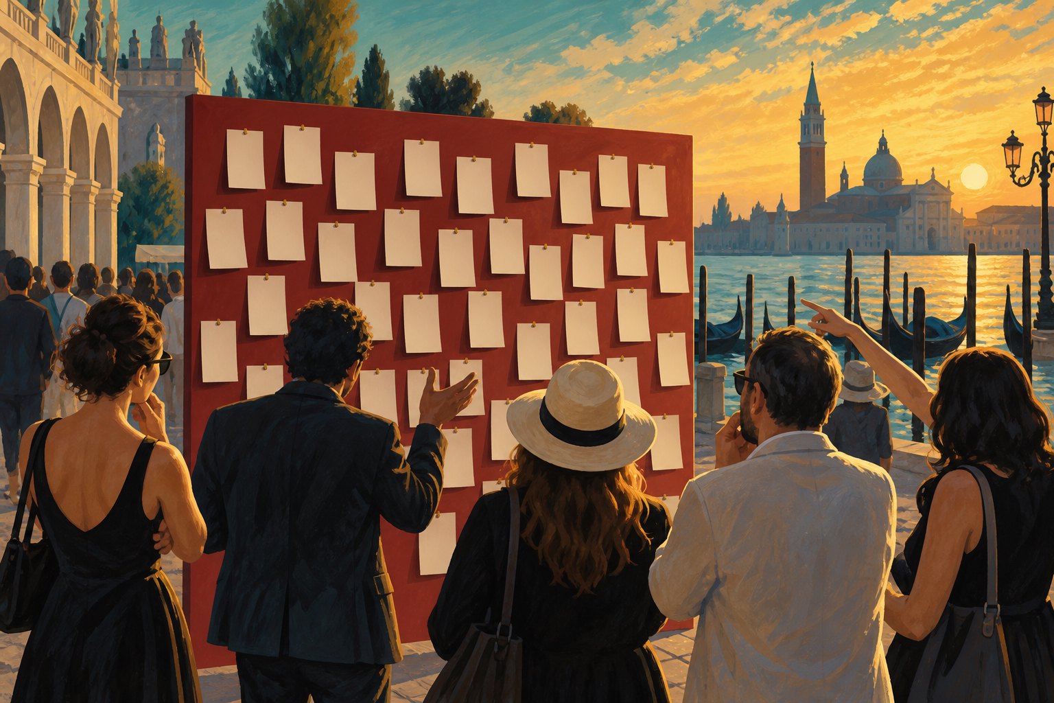 Editorial illustration of festival visitors beside a wall of blank comment cards overlooking a Venetian waterfront.