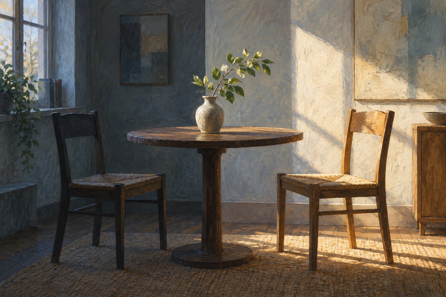 Conceptual illustration of two empty chairs beside a round table with a leafy branch, divided between cool shadow and warm sunlight.