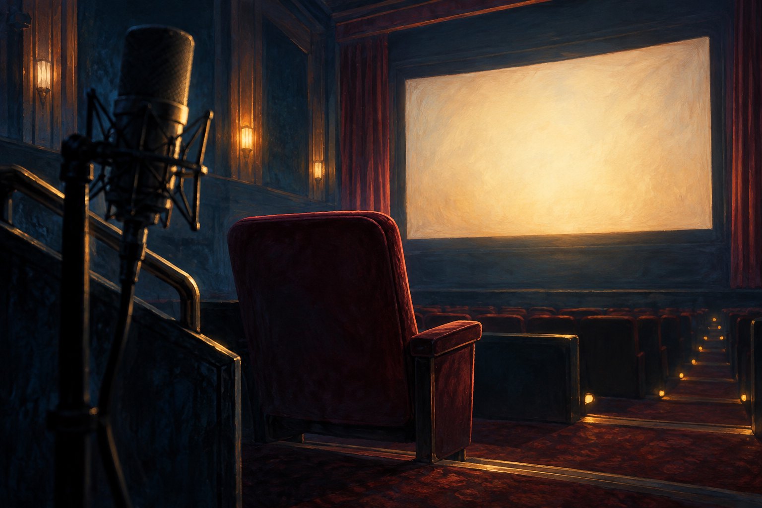 Conceptual illustration of a studio microphone beside an empty burgundy cinema seat facing a glowing blank screen.