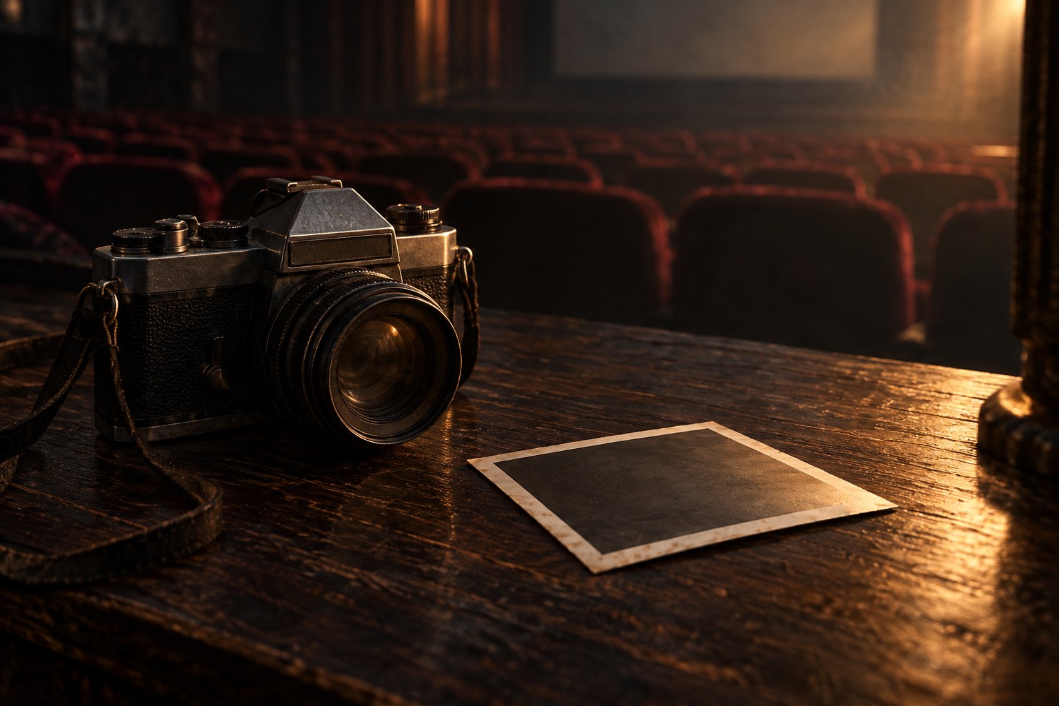Conceptual illustration of an analog camera and a photographic print on a wooden table in front of empty cinema seats.