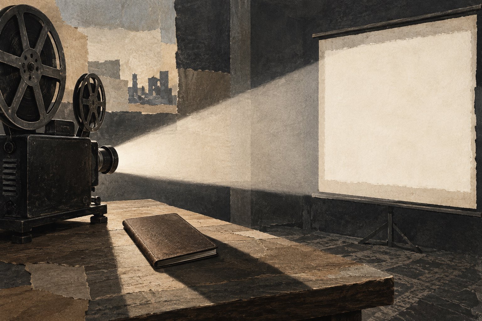 Conceptual illustration of a cinema projector beside an unmarked booklet, exploring film and belonging.