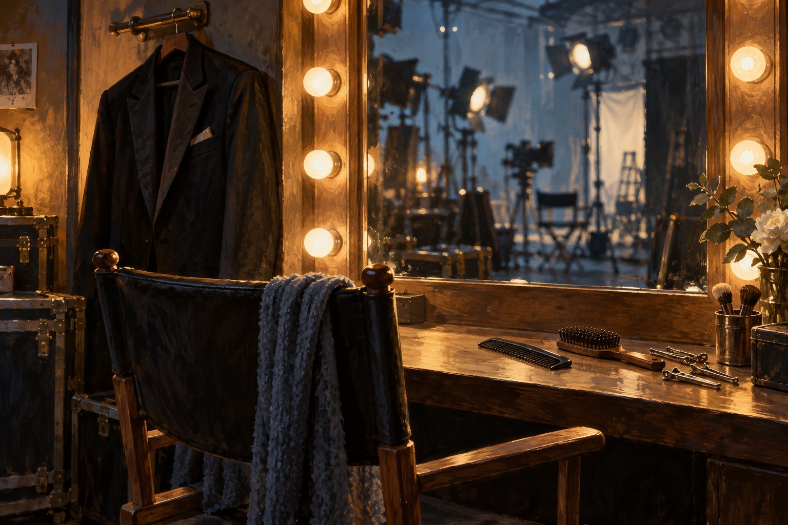 Conceptual illustration of an empty dressing room with a lighted mirror, grooming tools, and a hanging formal jacket.