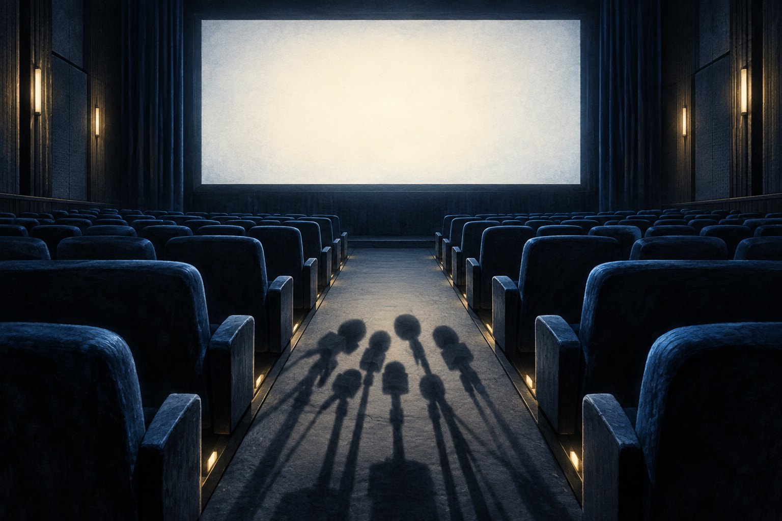 Conceptual illustration of an empty cinema with a glowing screen and microphone shadows stretching across the aisle.