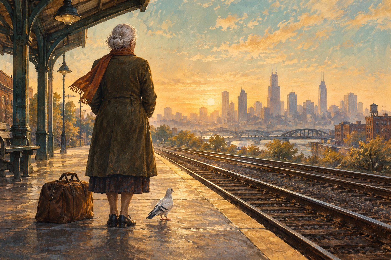 Conceptual illustration of an elderly woman beside a travel bag and pigeon on a sunlit railway platform.