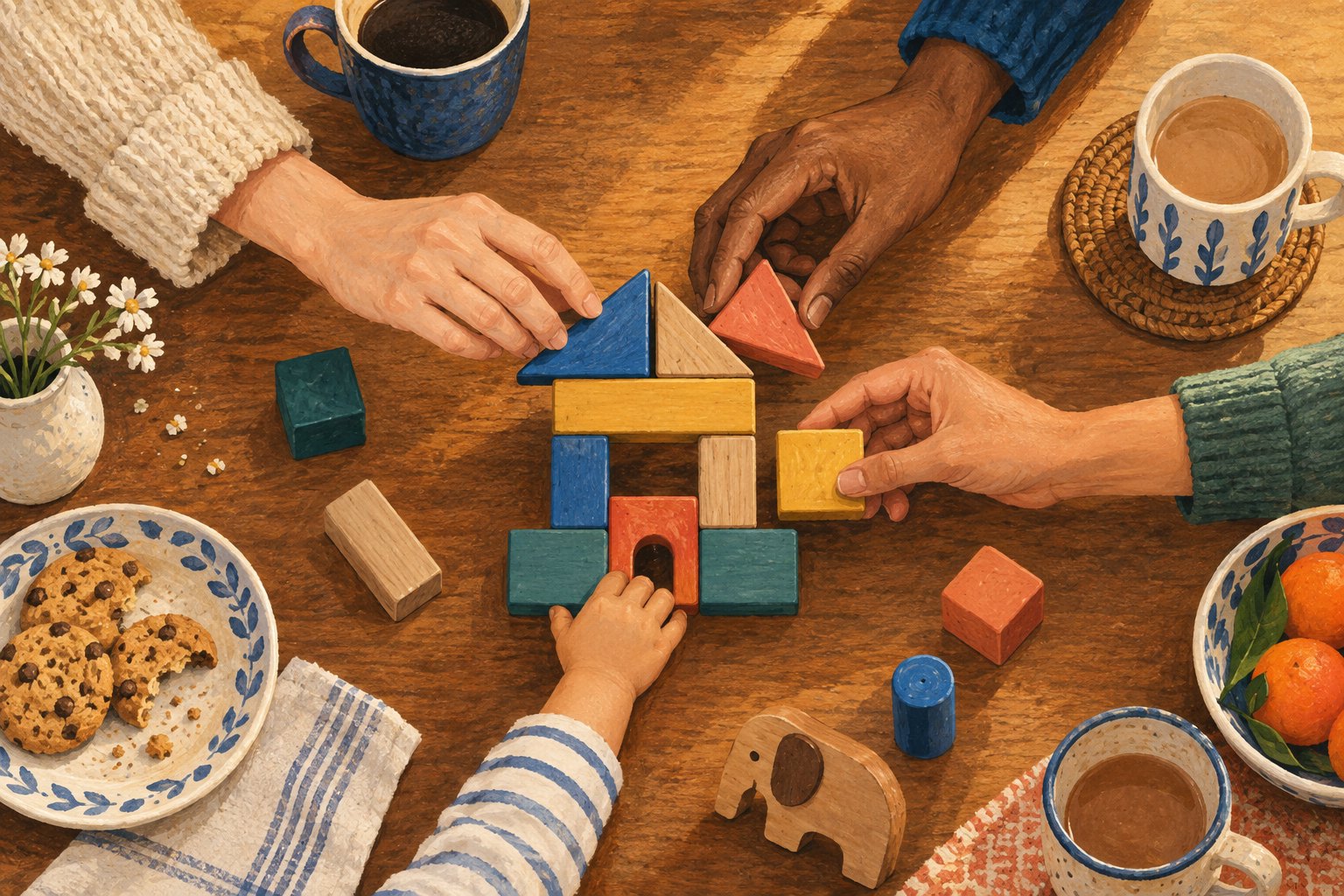 Conceptual editorial illustration of three adults' hands and a child's hand building a wooden block house together.