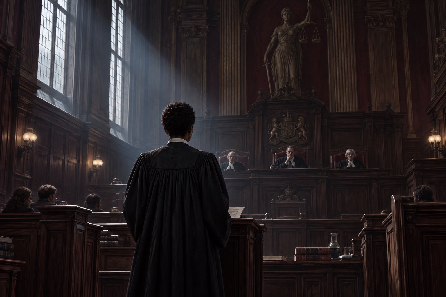 Symbolic illustration of a Black female barrister facing an imposing wood-paneled courtroom beneath cool window light.