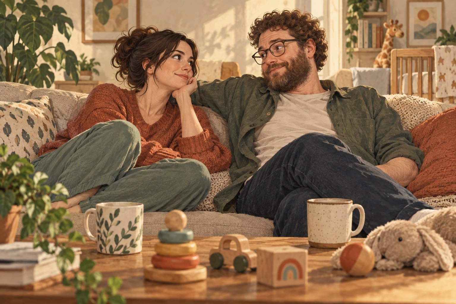 Conceptual editorial illustration of a thoughtful couple on a sunlit sofa with coffee mugs and children's toys nearby.