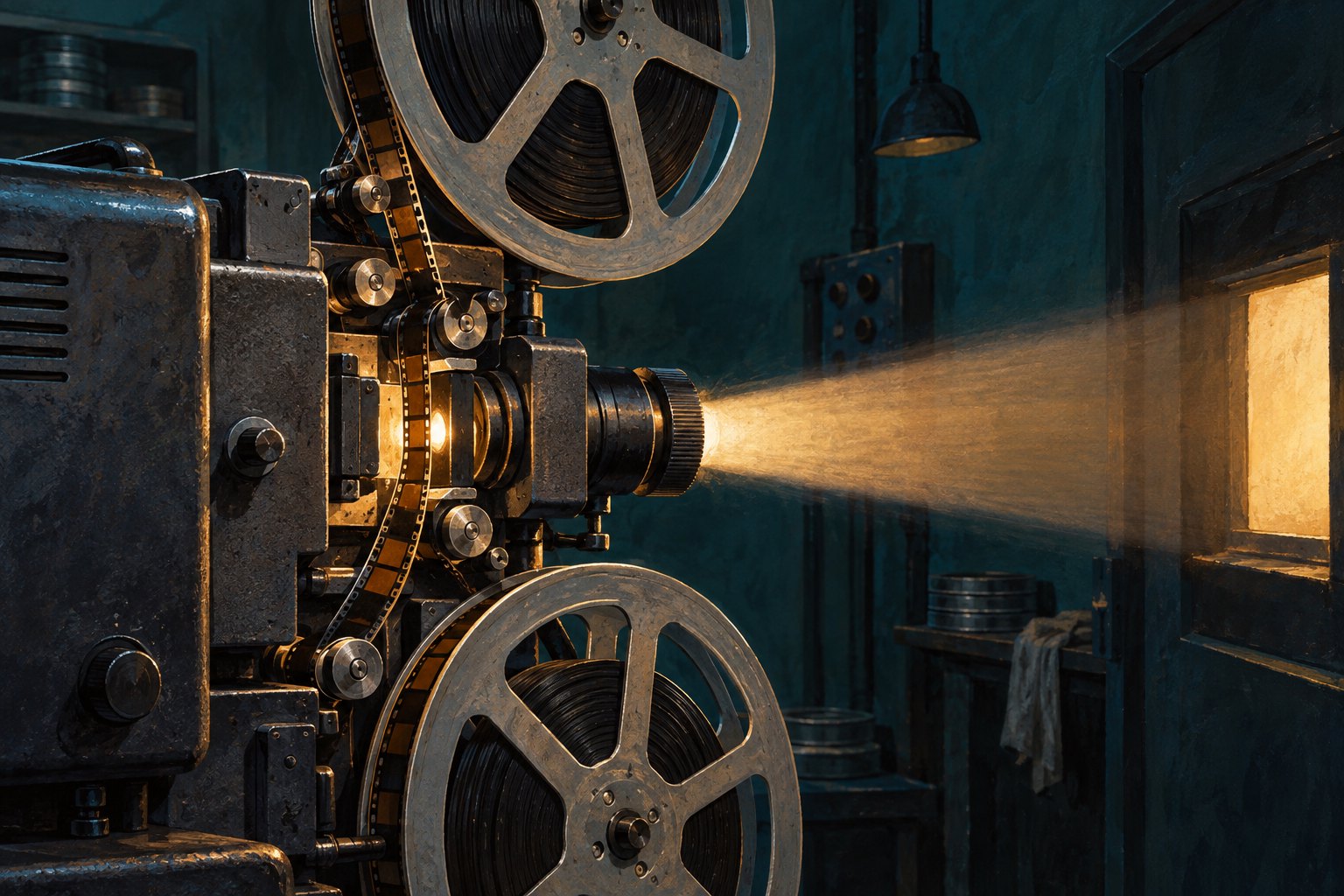 Editorial illustration of a vintage film projector casting a warm beam through a dark teal projection booth.