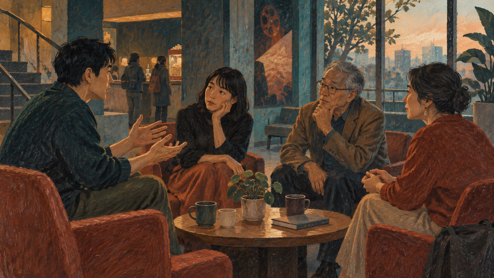 不同世代觀眾在放映後圍坐交談的原創插畫,呈現聆聽與交流,非實際映後活動