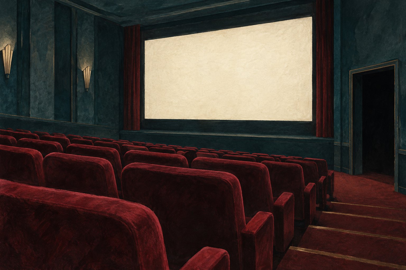 Conceptual illustration of an empty movie theater with burgundy seats, a blank screen, and a dark side doorway.