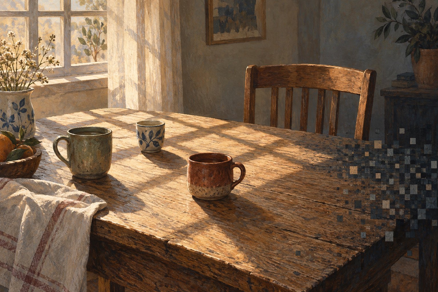 Symbolic illustration of three ceramic cups on a sunlit dining table, with small squares dissolving into its shadowed edge.