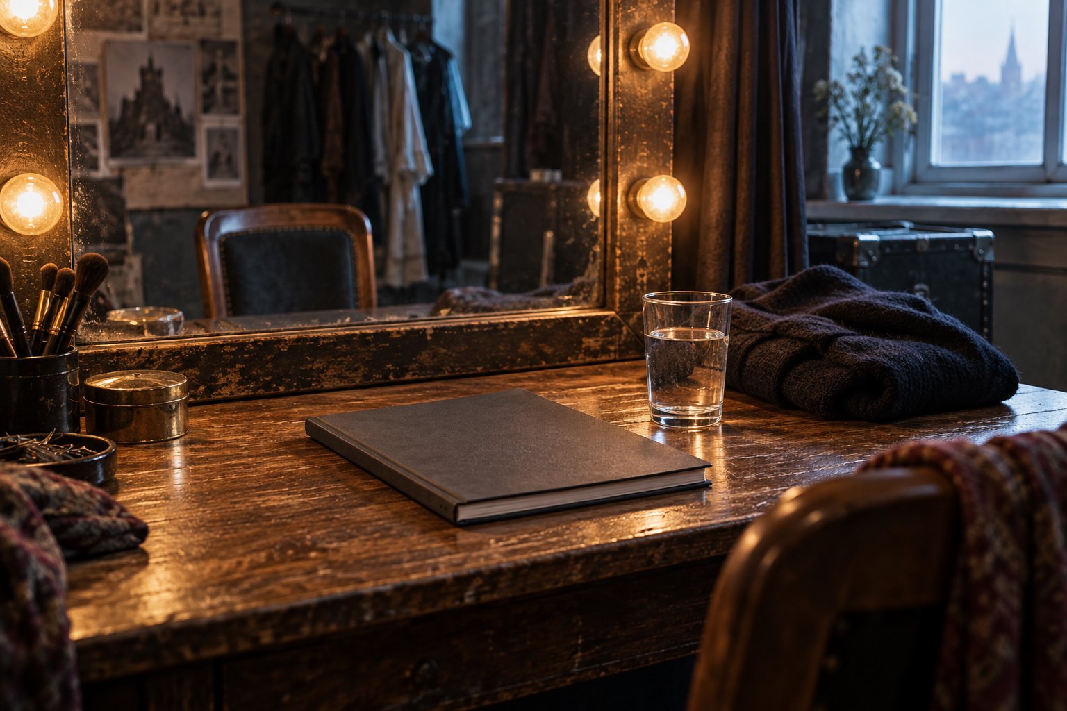 Conceptual illustration of a theater dressing table with a closed notebook, a glass of water, and a folded rehearsal sweater beside a lit mirror.
