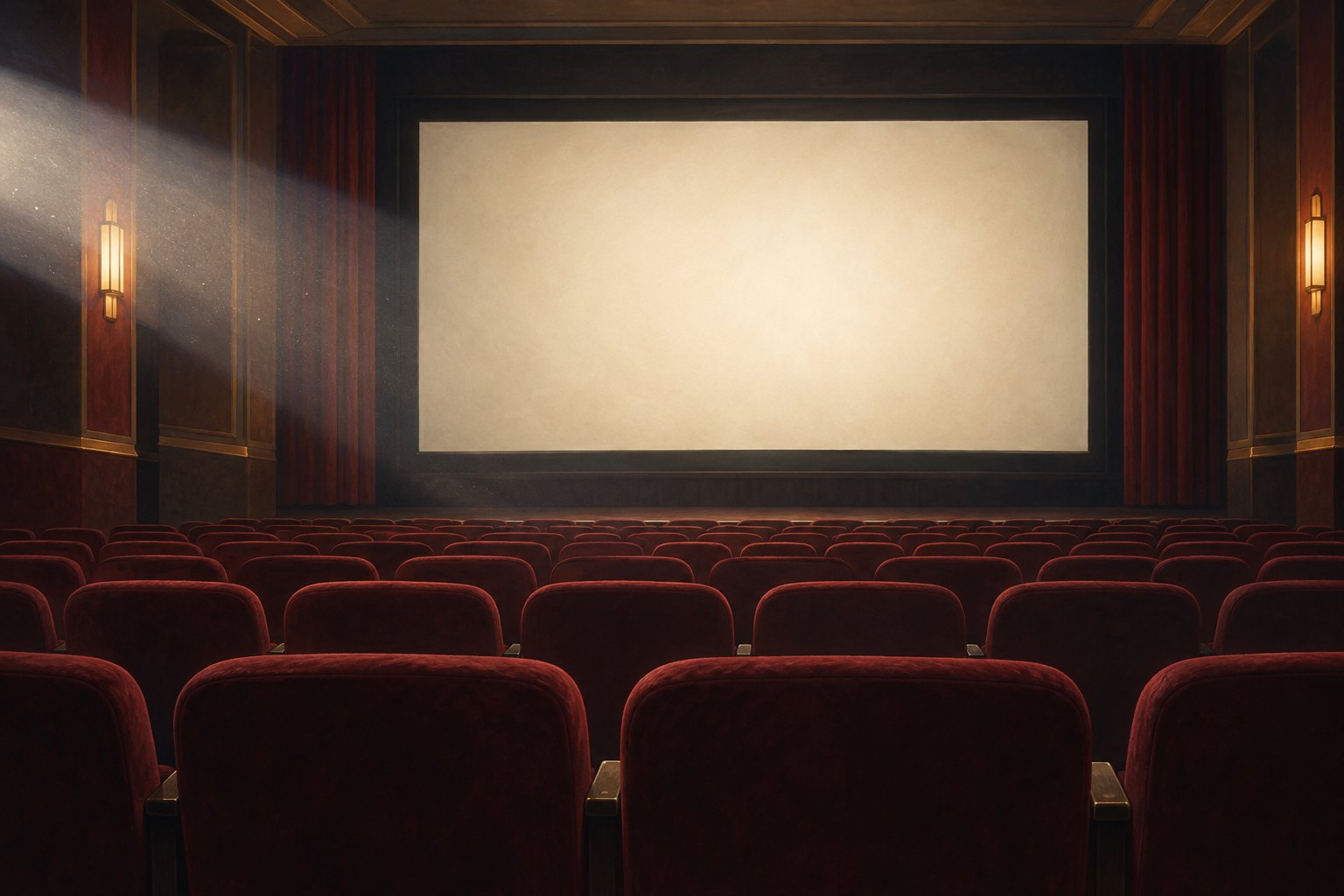Illustration of an empty movie theater with burgundy seats facing a softly illuminated blank screen.