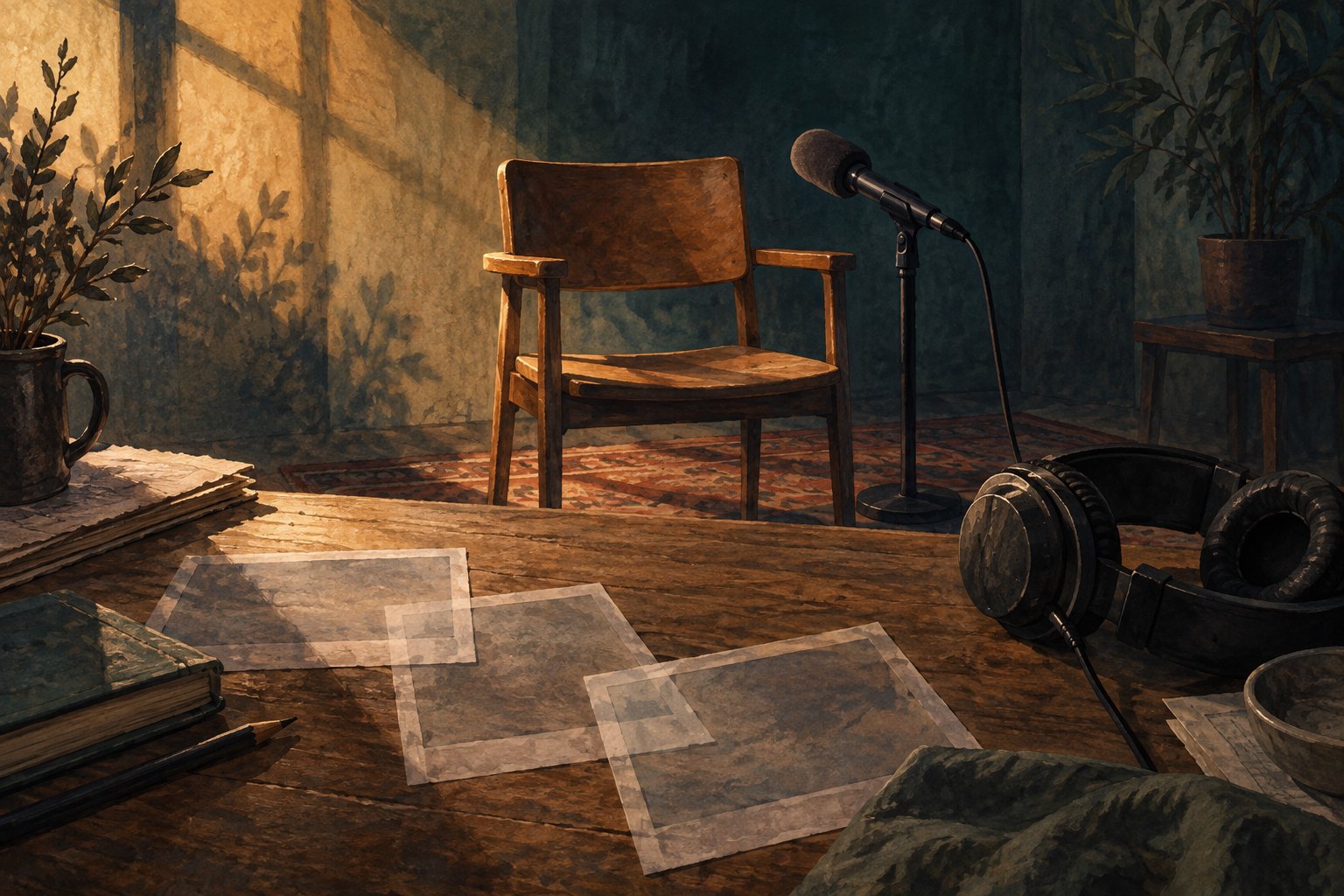 Conceptual illustration of an empty interview chair and microphone, with headphones and blank photographic frames on a foreground desk.