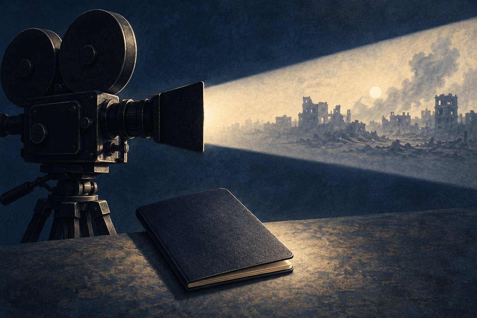 Conceptual illustration of a cinema camera and a plain passport-like booklet beside a beam of light containing an imagined ruined skyline.