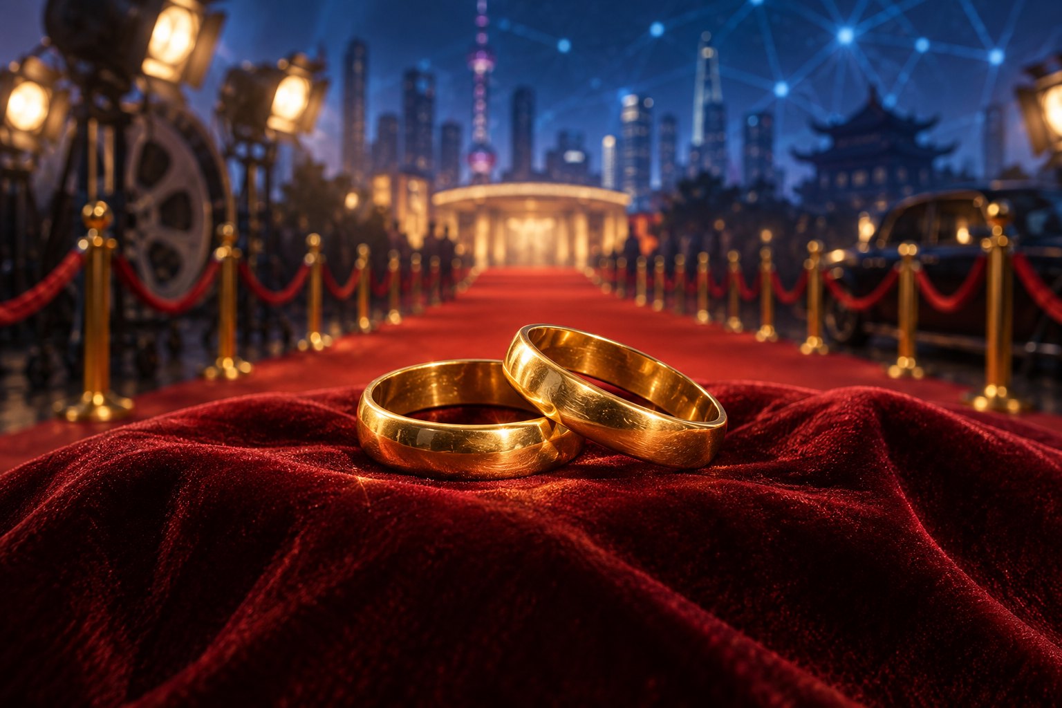 Conceptual illustration of two gold wedding bands on red velvet before a cinema red carpet and blue network lights.