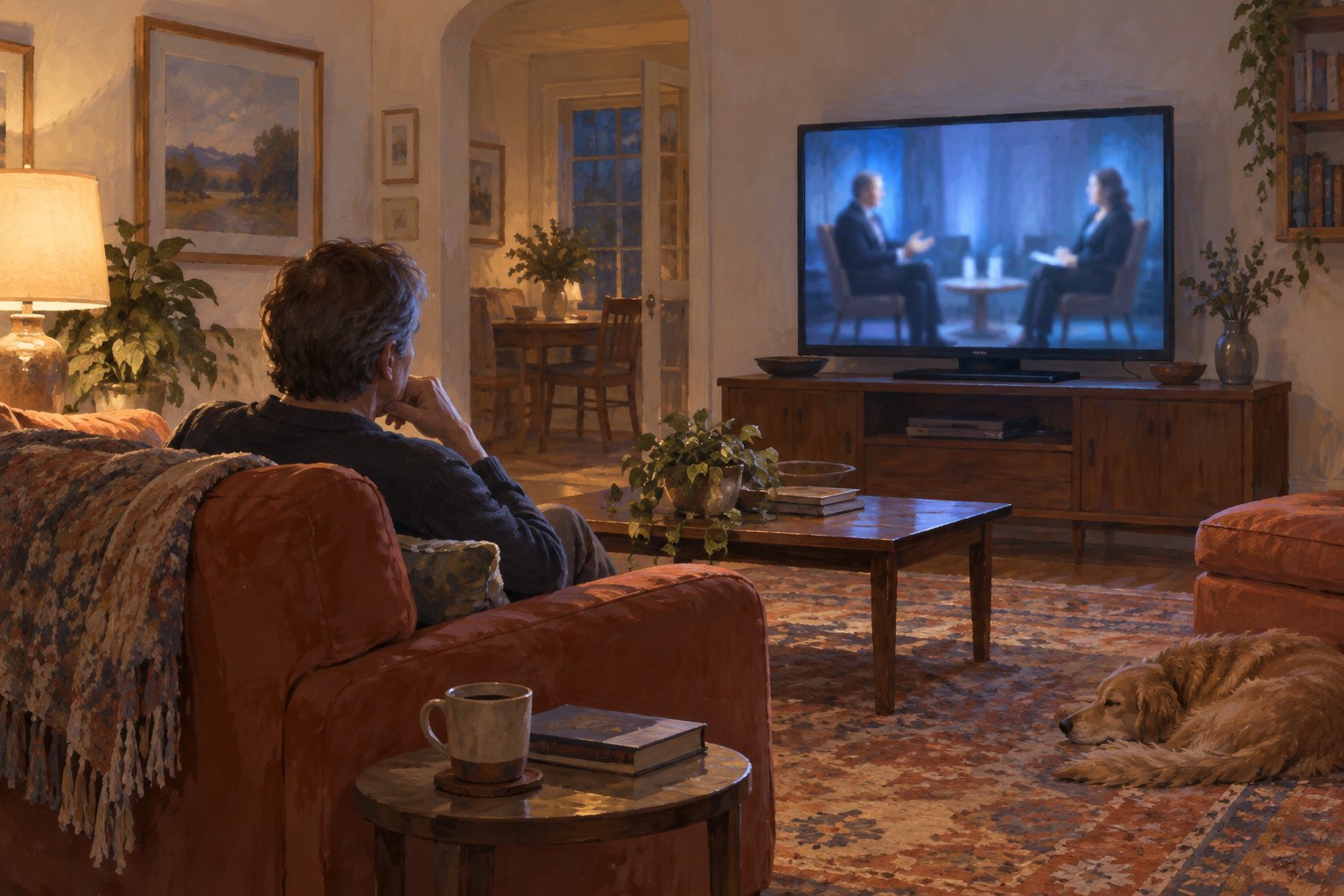 Conceptual illustration of a viewer watching a television interview from a warmly lit living room.