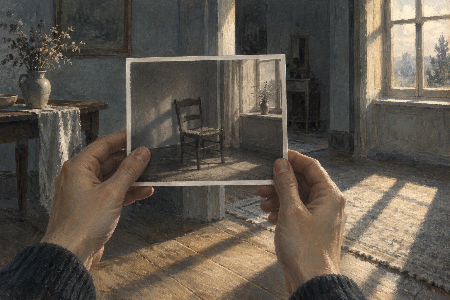 Conceptual illustration of hands holding a photograph of an empty chair against a sunlit room, exploring what a frame leaves out.