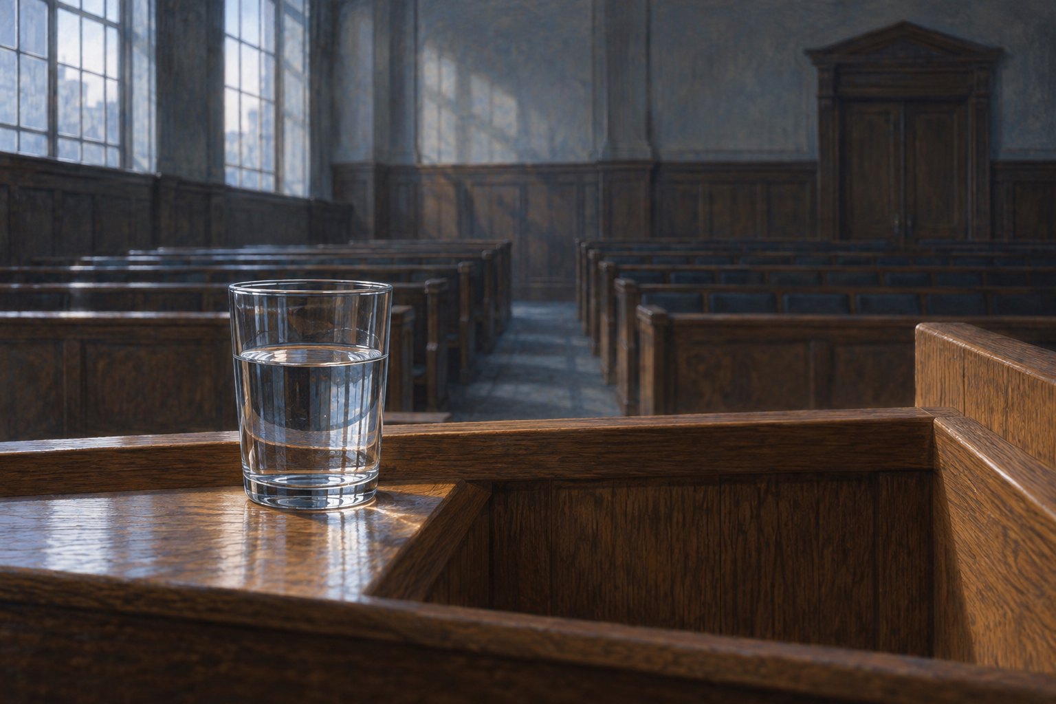 Symbolic illustration of a glass of water on a witness-box ledge overlooking empty courtroom benches.