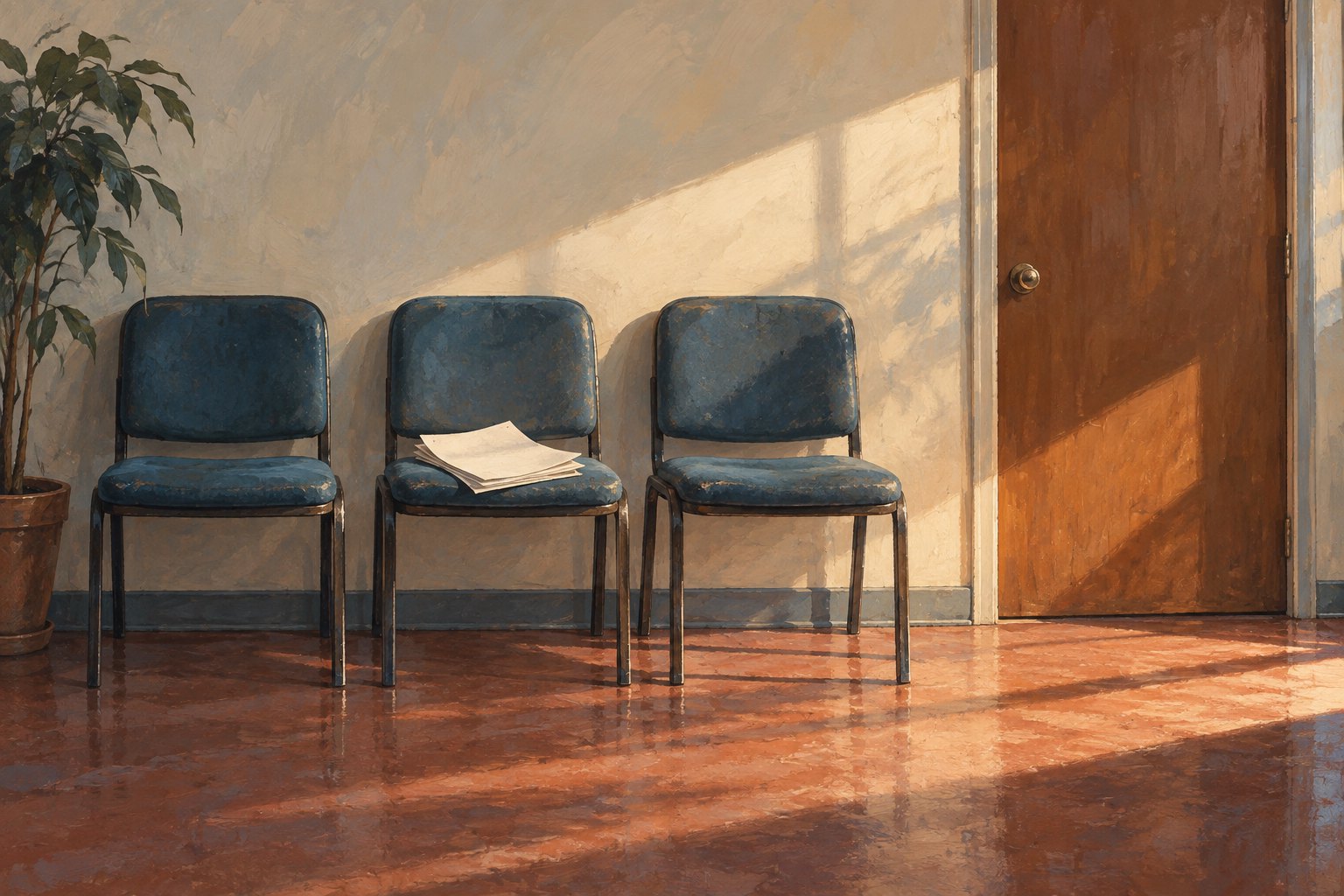 Conceptual illustration of three blue audition chairs, blank pages, and a closed door in warm sunlight.