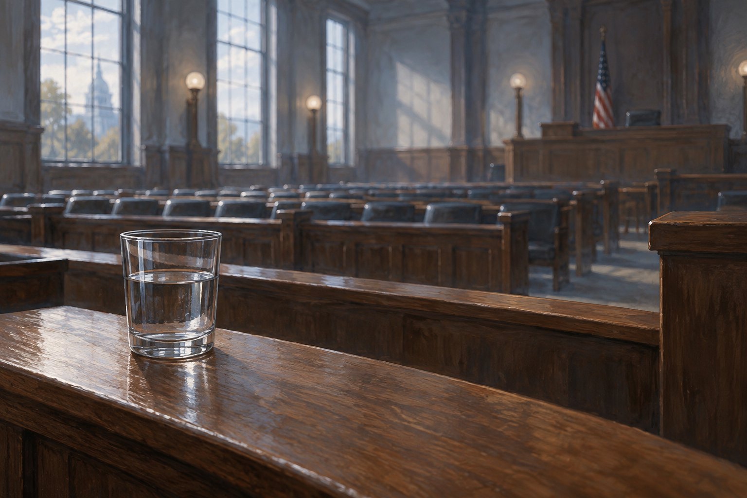 Conceptual illustration of a glass of water on a witness stand overlooking an empty courtroom.