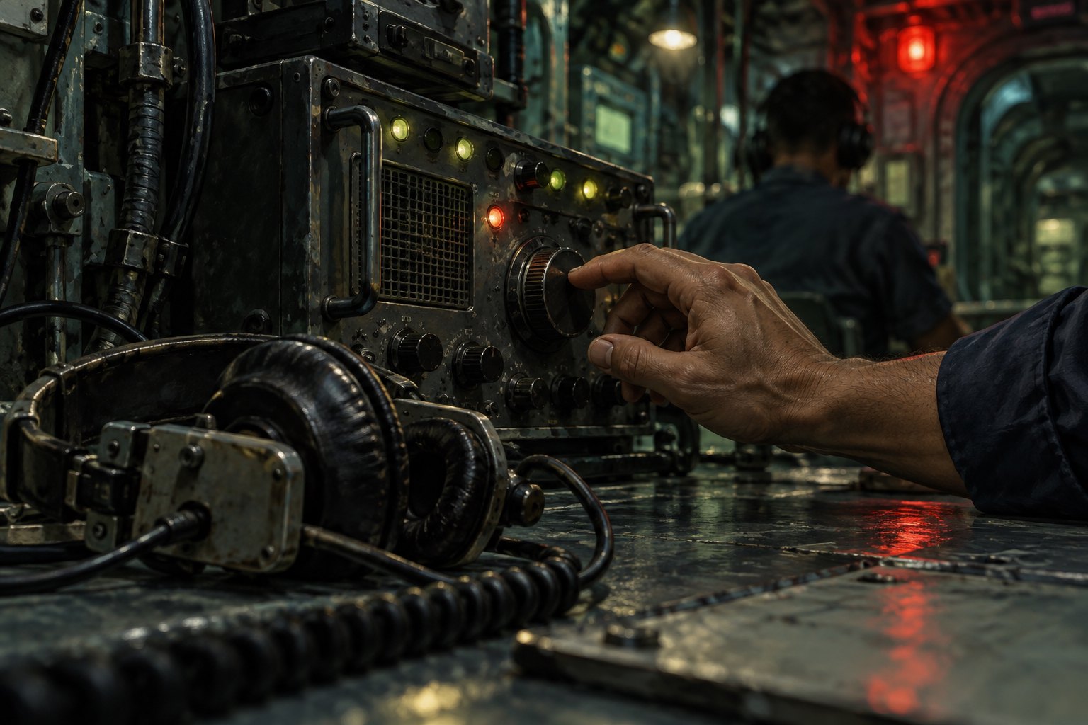 Conceptual illustration of a sailor adjusting a submarine radio beside a headset under dim emergency lighting.