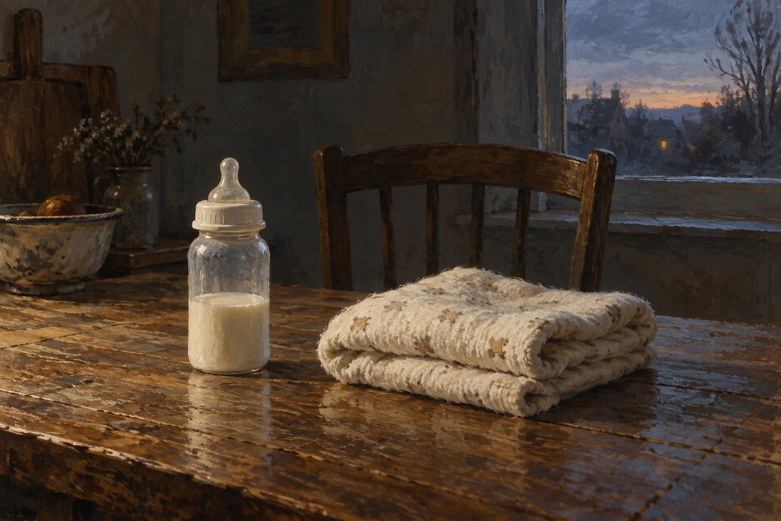 Conceptual illustration of a baby bottle and folded blanket on a wooden table beside an empty chair at dawn.