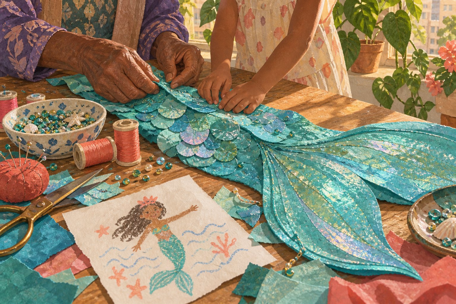 Conceptual illustration of a grandmother and child arranging turquoise mermaid costume fabric together at a sunlit sewing table.