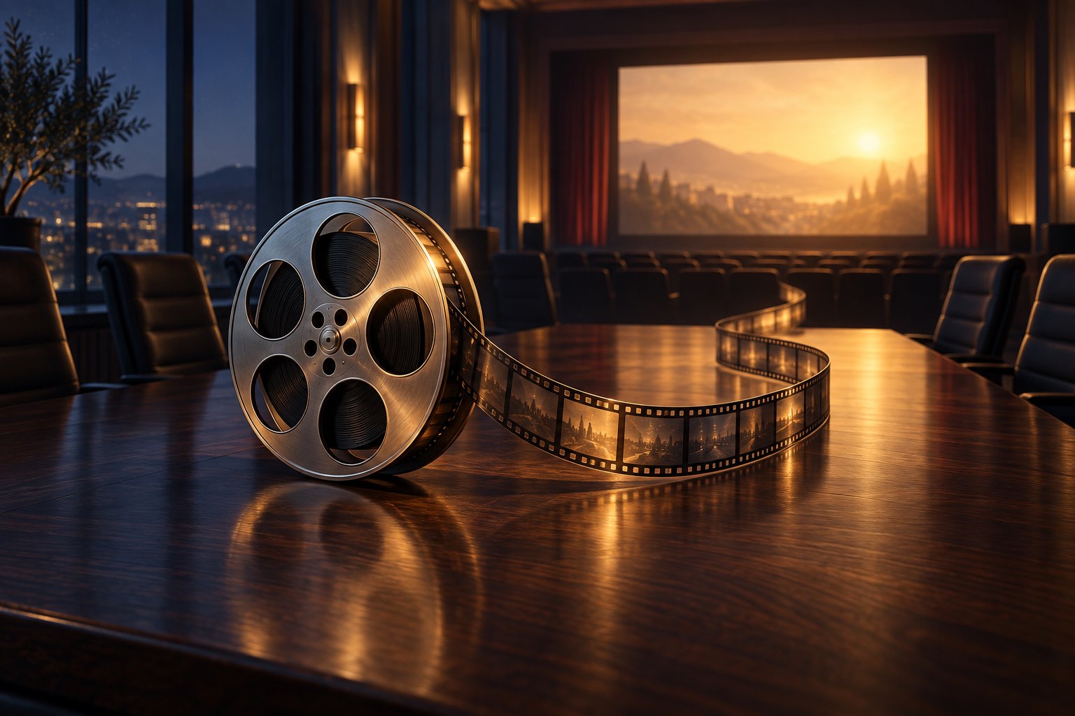 Conceptual illustration of a film reel and curling filmstrip on a conference table facing a warmly lit cinema screen.