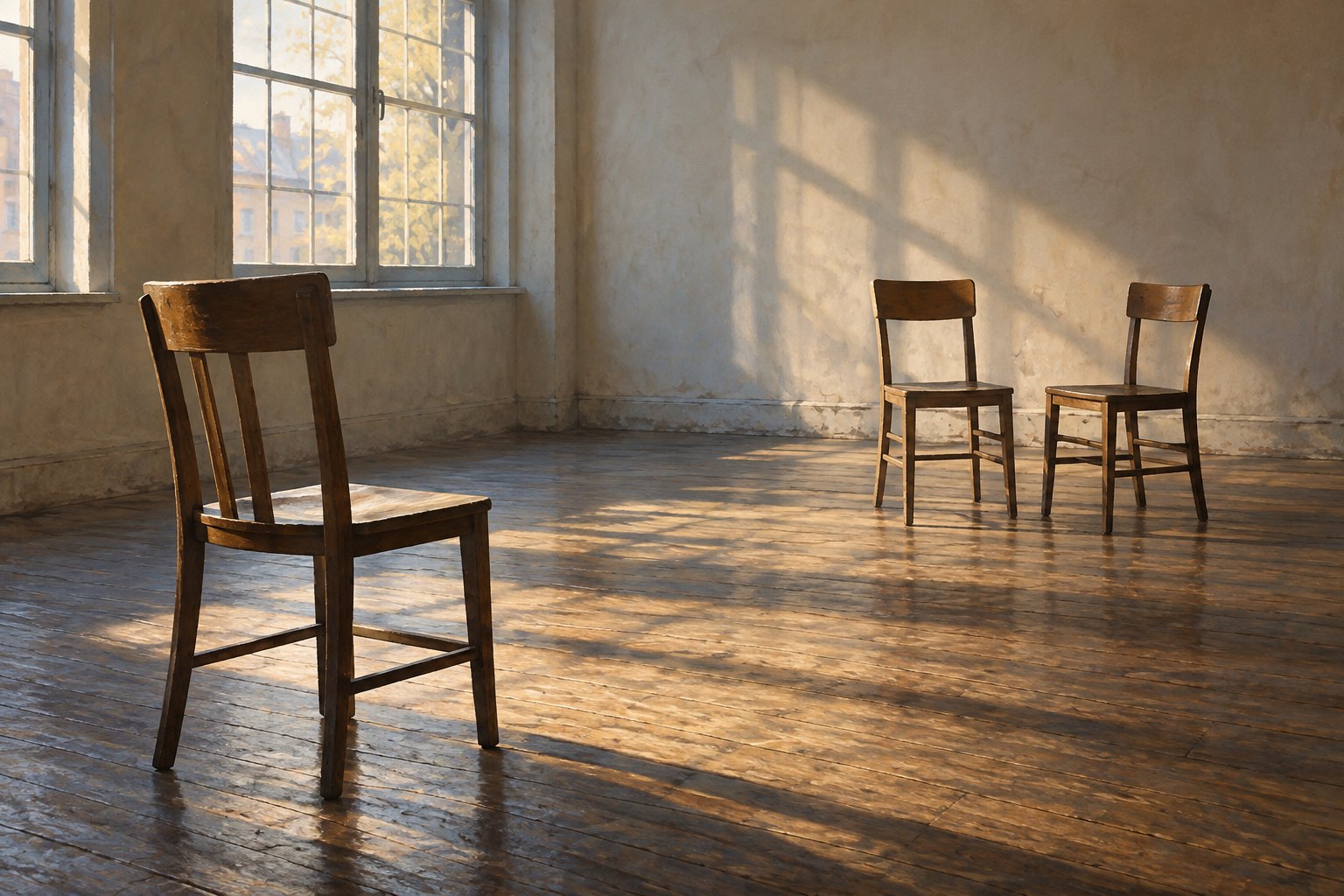 Three empty wooden chairs arranged at different distances in a sunlit rehearsal room.