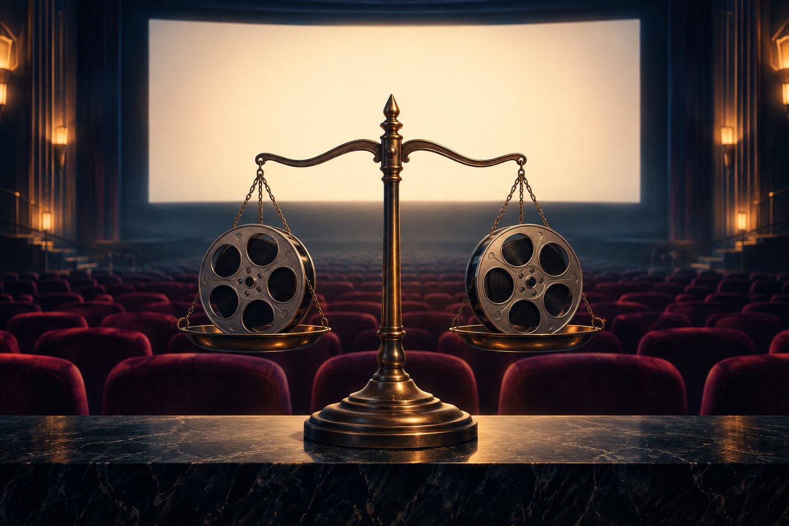 Conceptual illustration of two film reels on a balance scale in front of an illuminated cinema screen.