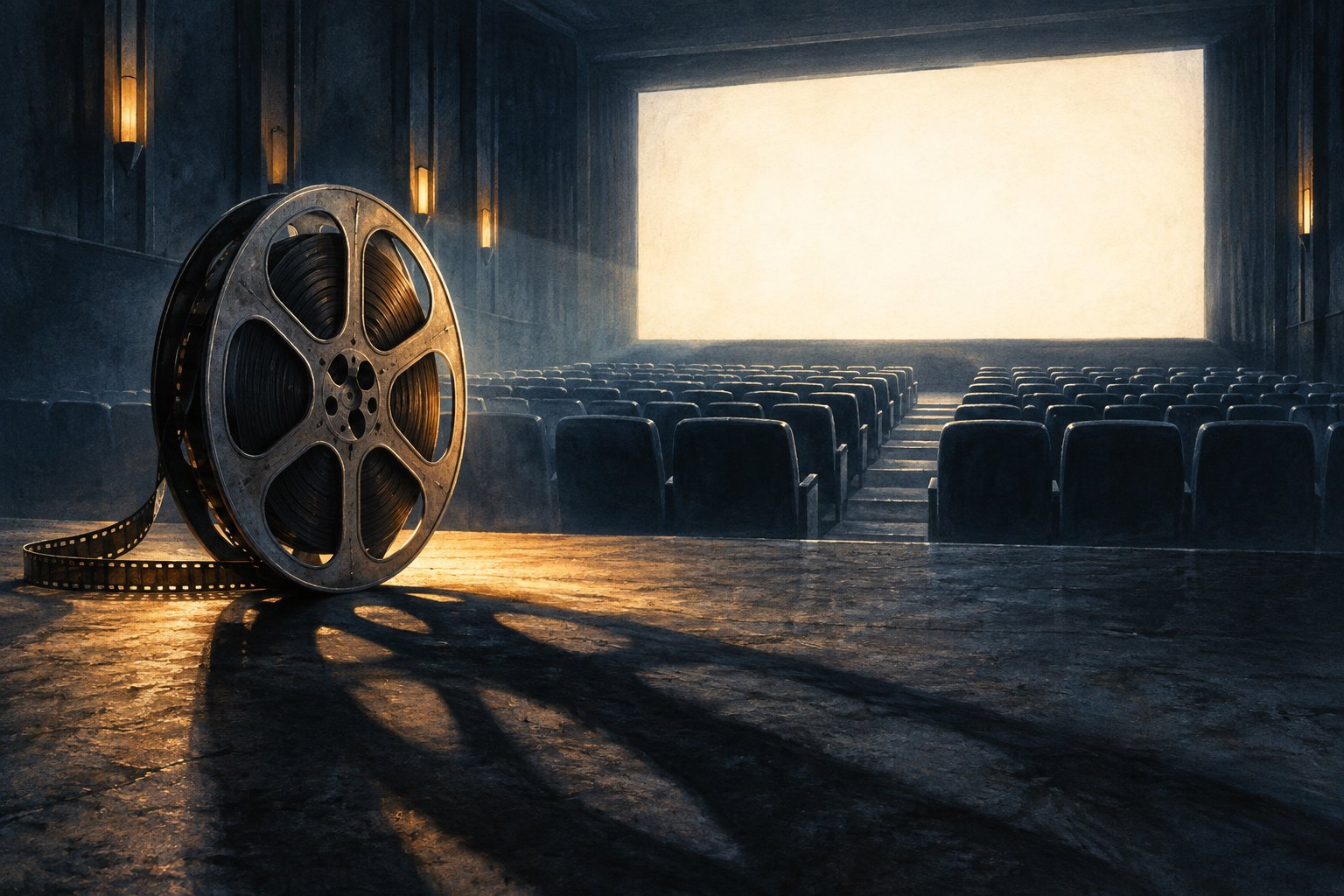 Conceptual illustration of a film reel casting a long shadow inside an empty cinema with a glowing blank screen.