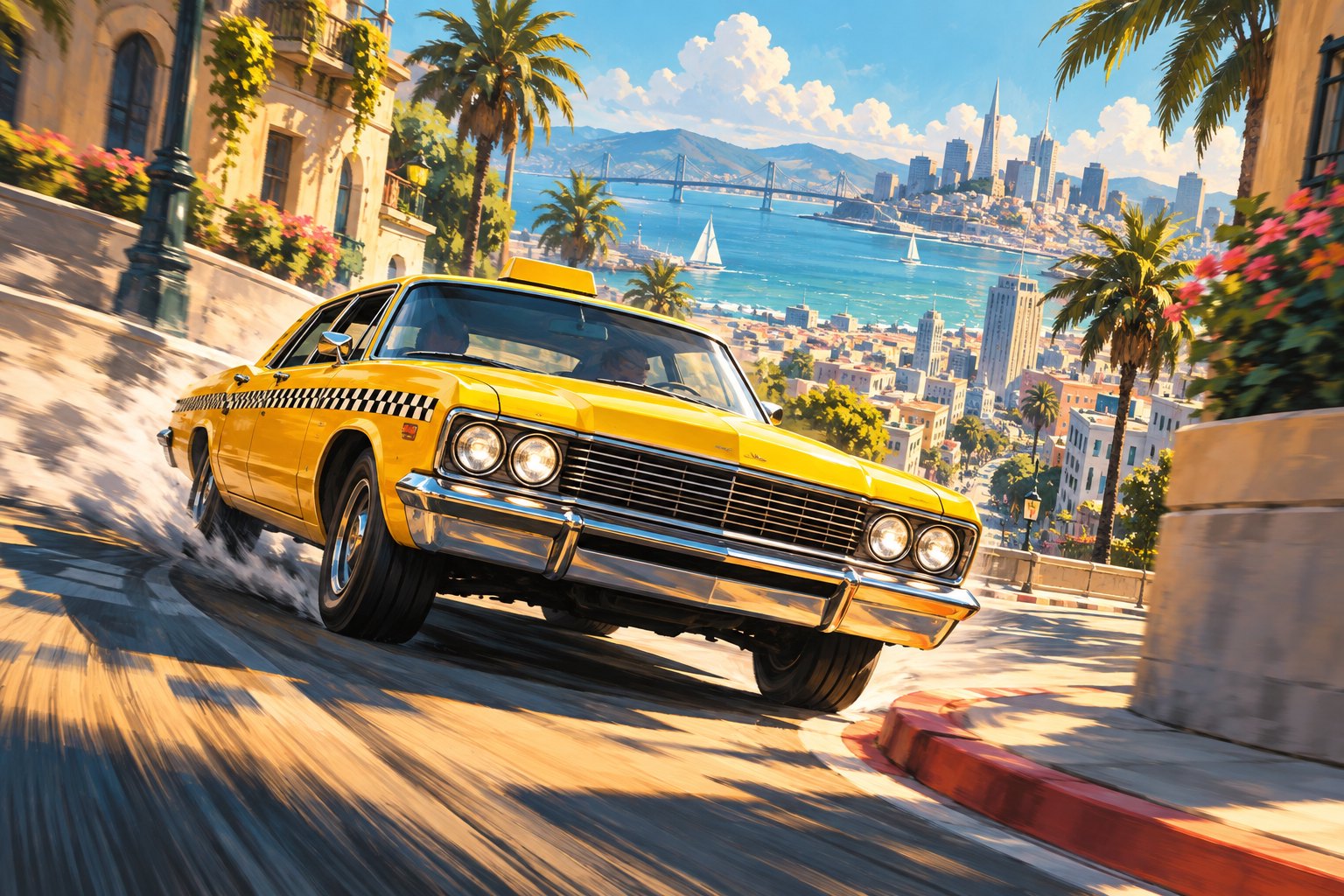 Original illustration of a yellow taxi rounding a sunlit corner on a steep city street.