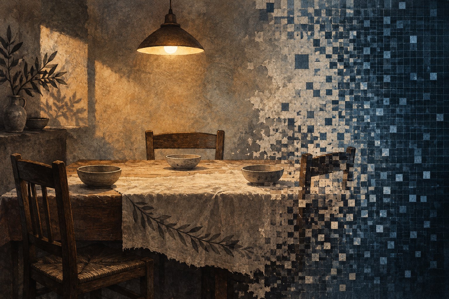 Conceptual illustration of an empty family dining table dissolving into a grid of blue squares.