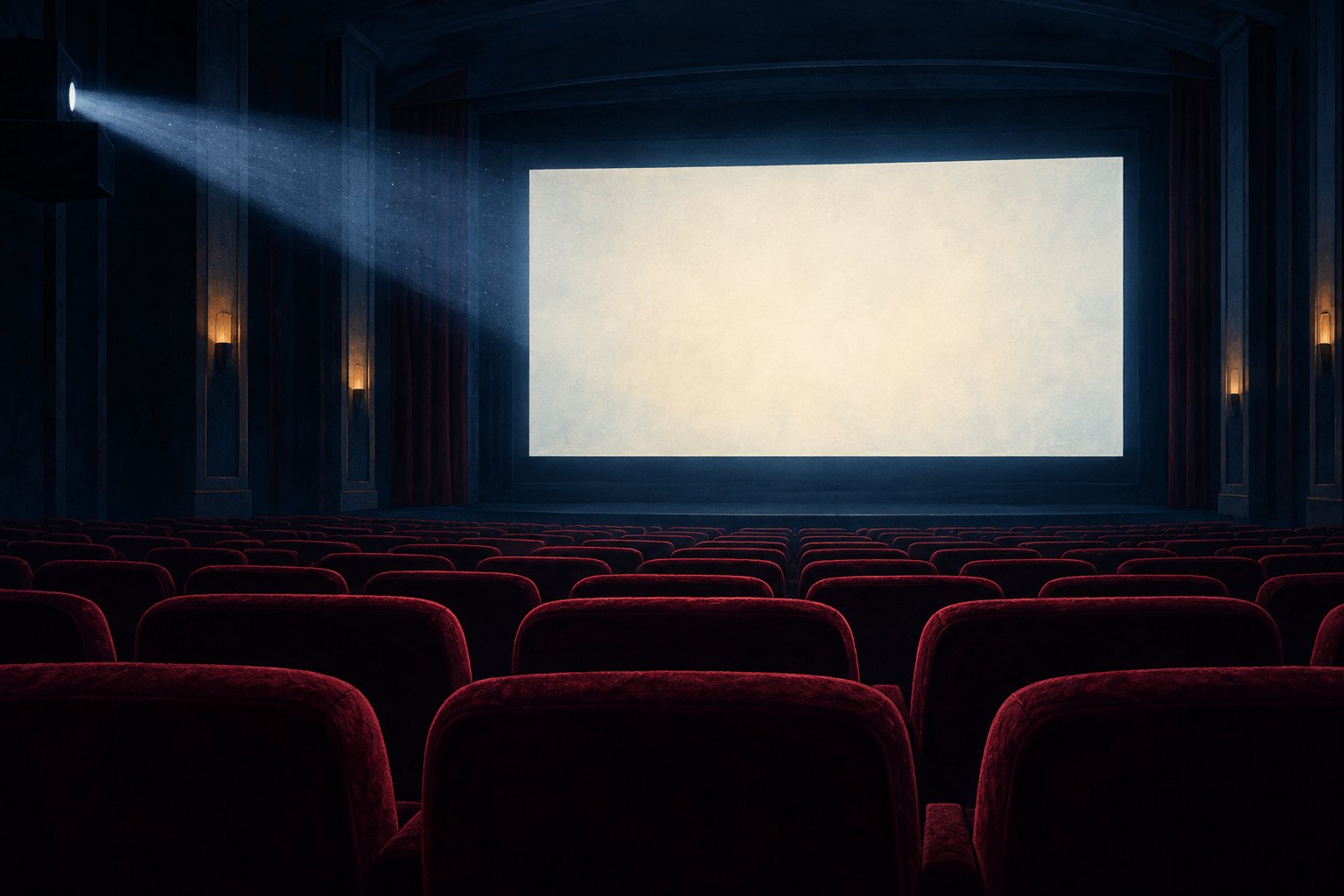 Conceptual illustration of an empty movie theater with burgundy seats and a projection beam illuminating a blank screen.
