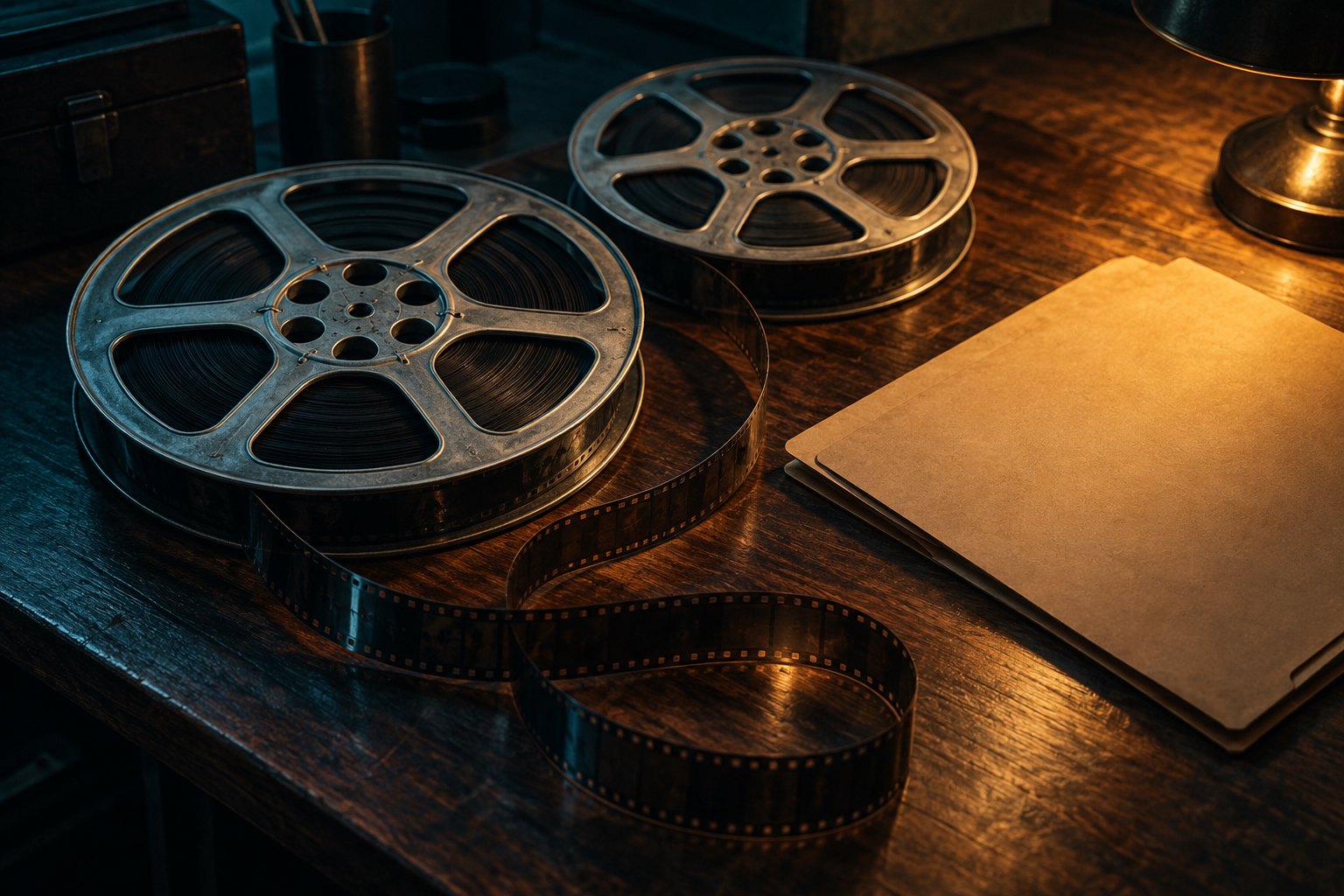 Conceptual illustration of metal film reels, a loose strip of film, and a plain folder on a warmly lit wooden desk.