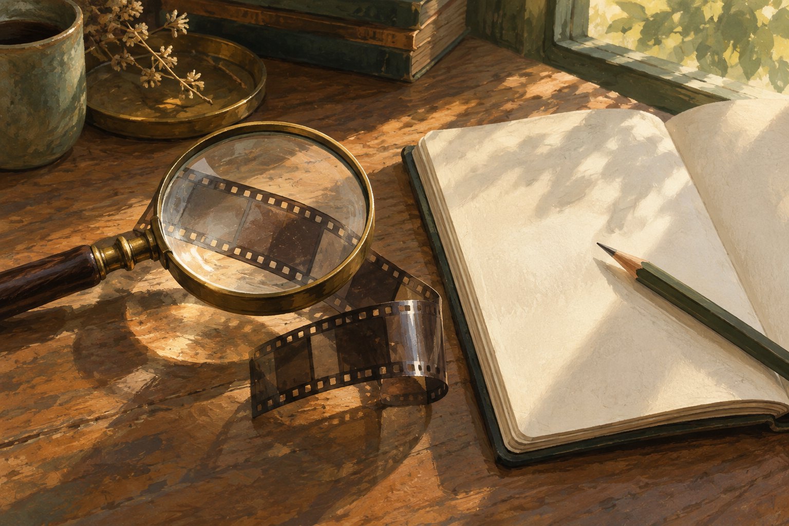 Painterly illustration of a magnifying glass over a film strip beside a blank notebook and pencil on a sunlit wooden desk.