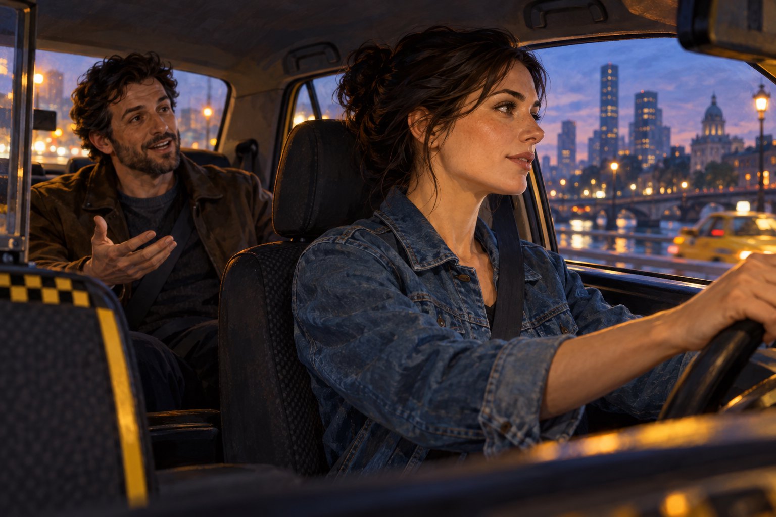 Conceptual illustration of a taxi driver watching the road while a passenger talks in the back seat at dusk.