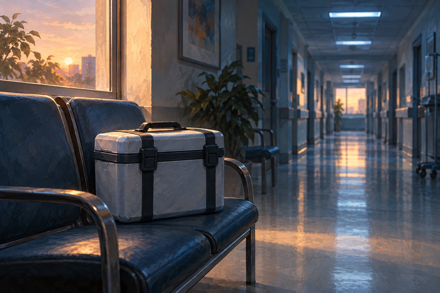 Conceptual illustration of an insulated medical transport case on a waiting-room chair beside an empty hospital corridor at dawn.