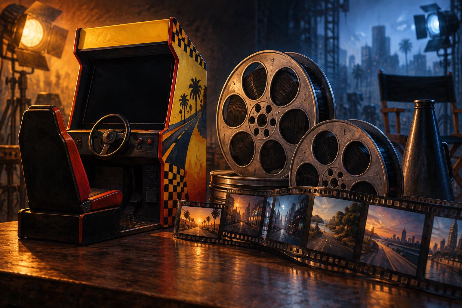 Conceptual illustration of an arcade driving cabinet beside film reels and a strip of cinematic images under amber and blue studio lights.