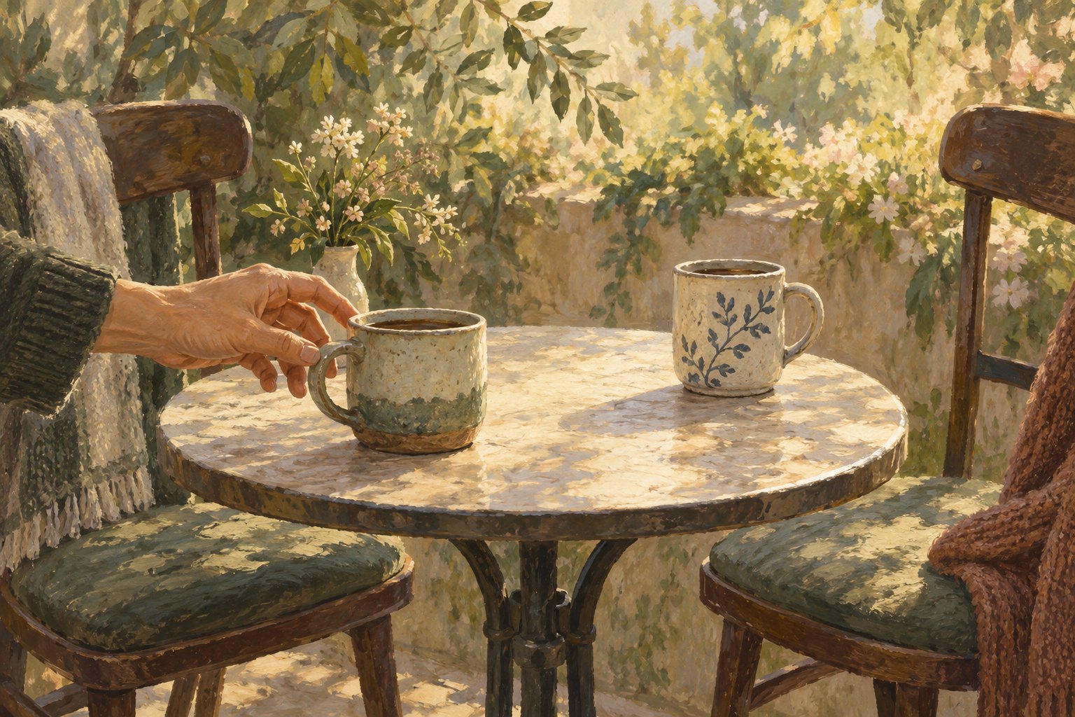 Symbolic painting of a hand reaching toward one of two ceramic cups on a sunlit cafe table between two chairs.