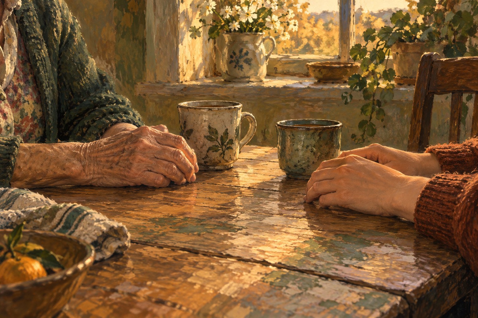Conceptual illustration of an older woman's and a younger woman's hands resting across a sunlit table with two ceramic cups.