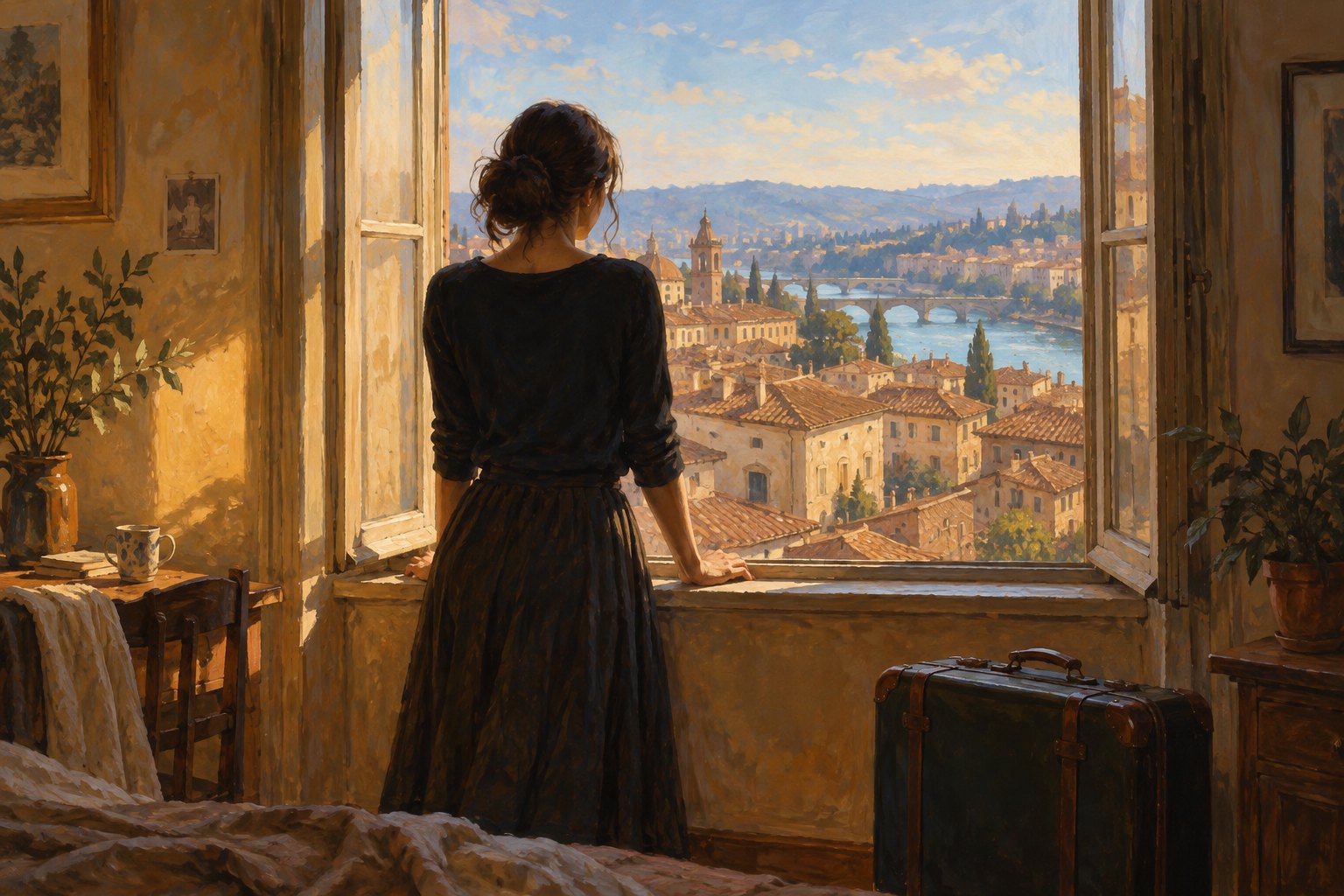 Symbolic painting of a dark-haired woman beside a suitcase, looking through an open window toward sunlit rooftops and a river.