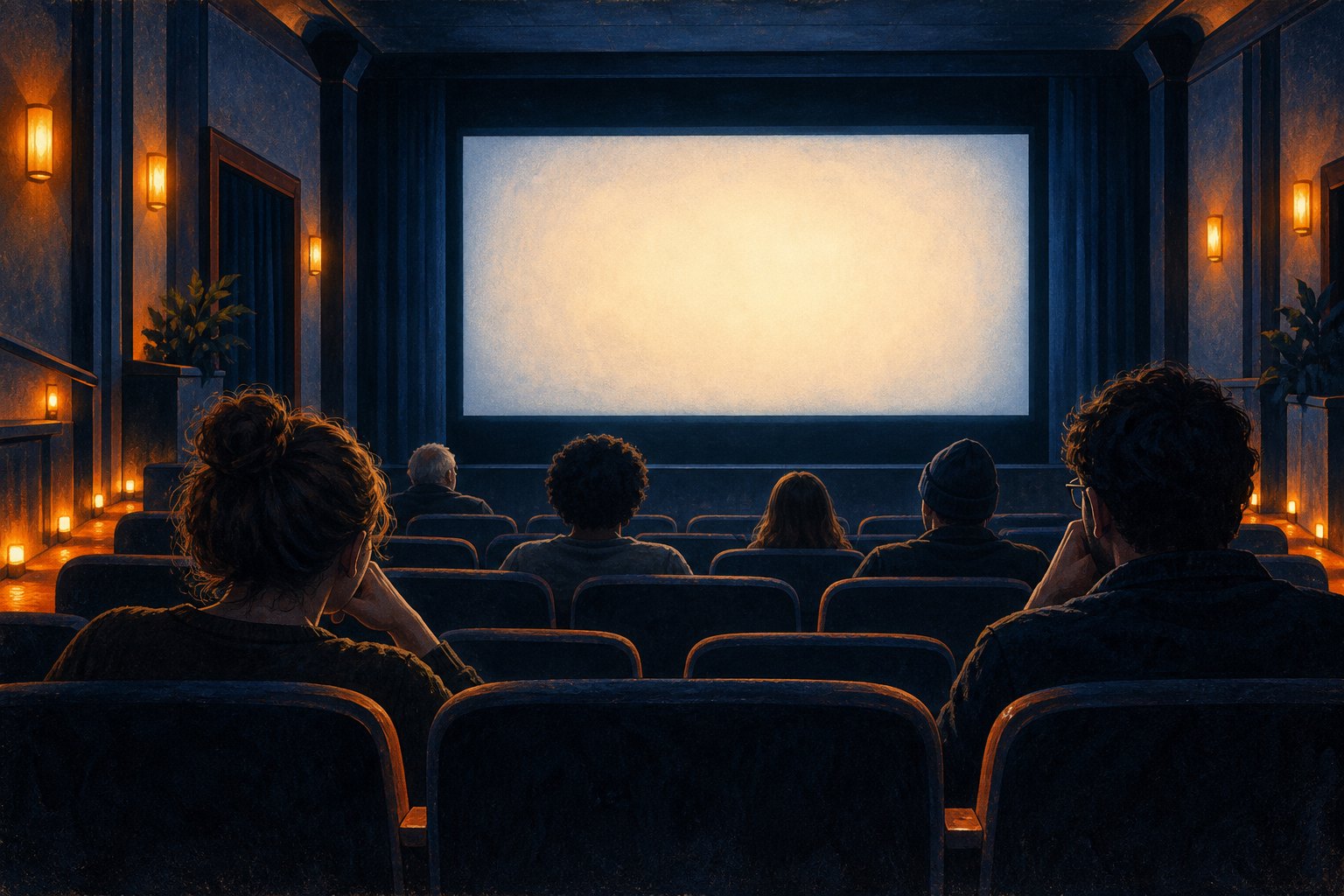 Conceptual illustration of viewers facing a glowing blank screen in an imagined independent cinema.