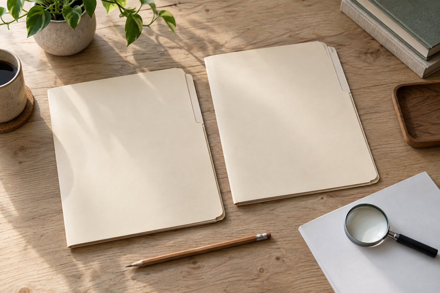 Two unmarked cream folders beside a pencil and magnifying glass on a sunlit wooden desk.