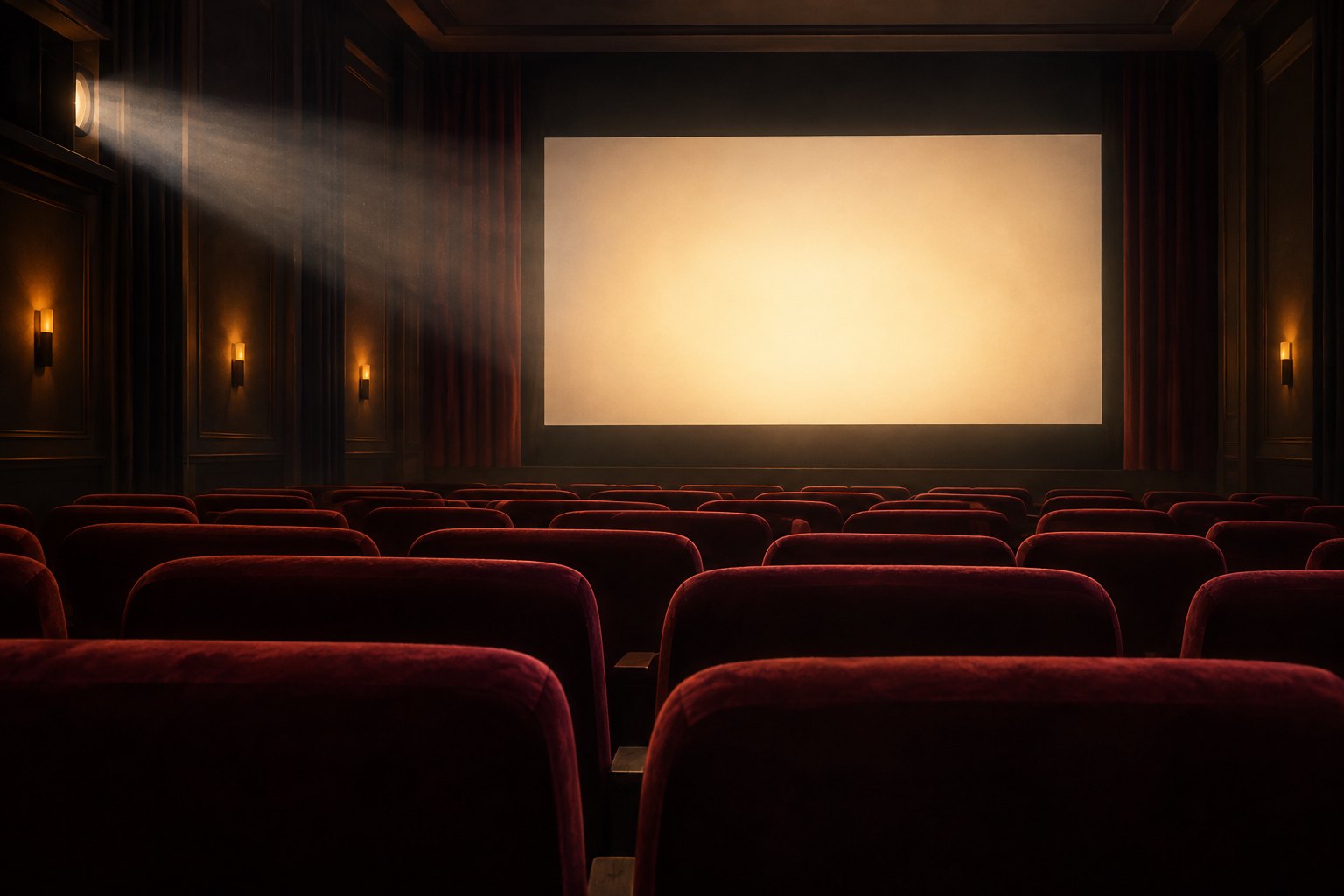 Editorial illustration of an empty screening room with burgundy seats and a softly illuminated blank screen.