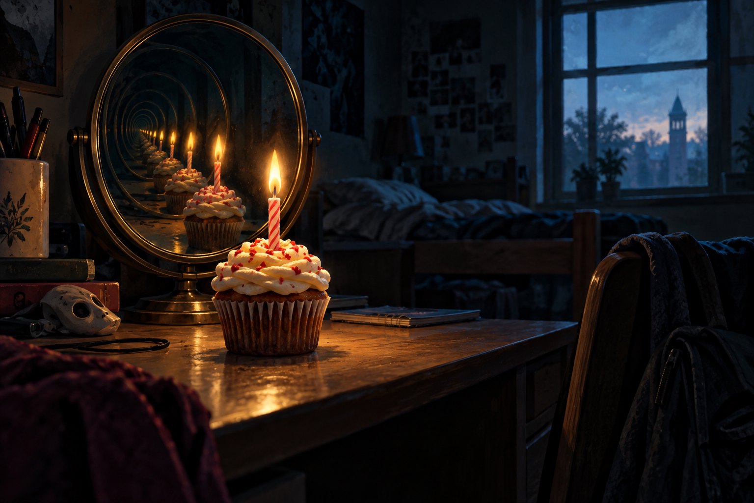 A candlelit birthday cupcake reflects repeatedly in a round mirror inside a shadowy dorm room.