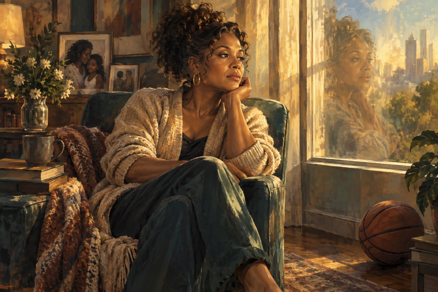 Conceptual illustration of a thoughtful Black woman beside a sunlit window, with her reflection in the glass and a basketball nearby.